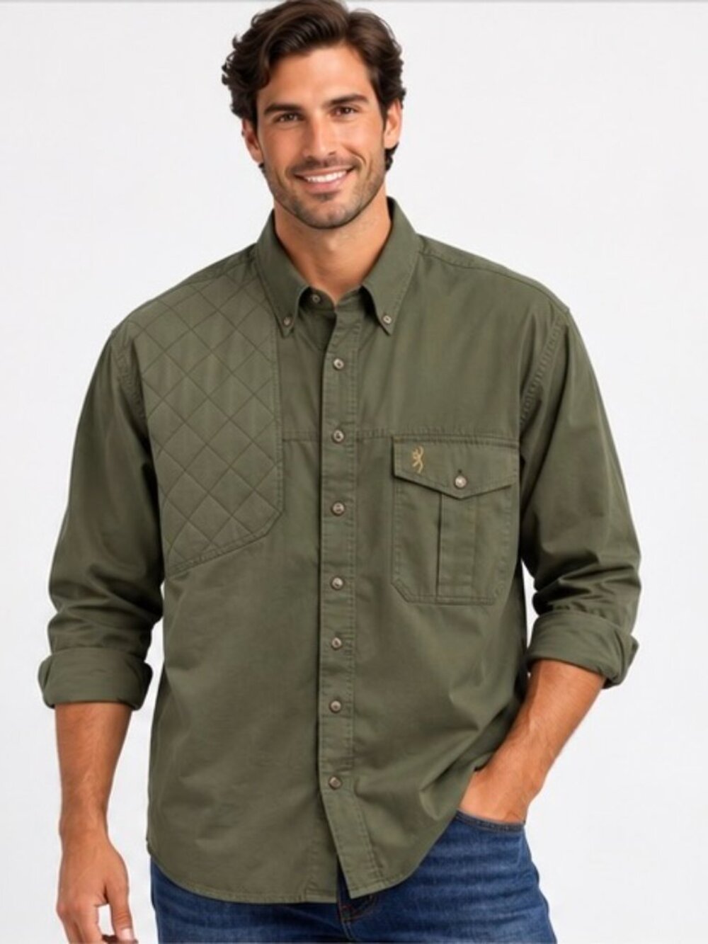 Browning Mens Large 100% Cotton Hunting Shooting Shirt Green Field Shirt Vented
